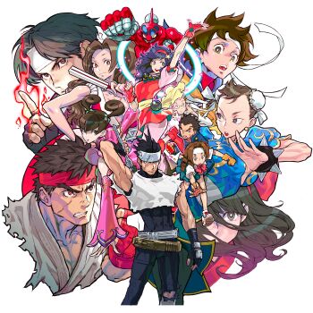 6+boys 6+girls :d :o absurdres asamiya_athena black_gloves black_hair bracelet bright_pupils brown_eyes brown_hair bun_cover capcom chun-li clenched_hand copyright_notice cropped_legs cropped_shoulders double_bun edward_fokker fatal_fury fingerless_gloves fire frown glasses gloves grey_eyes hair_bun hairband headband highres holding holding_weapon ichimonji_batsu jewelry june_lin_milliam justice_gakuen kagami_kyosuke kanzaki_hayato_(star_gladiator) kasugano_sakura kusanagi_kyou long_hair looking_at_viewer looking_to_the_side multiple_boys multiple_girls nakoruru nishimura_kinu non-web_source official_art open_mouth purple_hair red_gloves red_hairband red_headband ryu_(street_fighter) samurai_spirits shiranui_mai short_hair simple_background smile snk spiked_bracelet spikes star_gladiator street_fighter the_king_of_fighters wakaba_hinata weapon white_background white_headband white_pupils