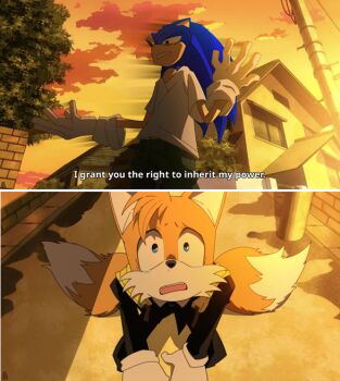 2boys aioles all_might backpack bag bent_over blonde_hair blue_eyes blue_fur blue_hair boku_no_hero_academia bones_(company) cosplay fox gloves green_pants hedgehog looking_down looking_up middle_school_unform midoriya_izuku multiple_boys pants role_playing roleplay sega shirt shounen_jump snot sonic_(series) sonic_the_hedgehog spiked_hair sunset tails_(sonic) tears yellow_fur