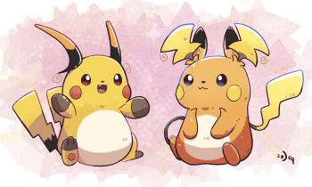 :3 aquabluu blue_eyes brown_eyes closed_mouth fang full_body gen_1_pokemon highres mega_pokemon mega_raichu_x mega_raichu_y multiple_tails nintendo no_humans open_mouth orange_fur pokemon pokemon_(creature) pokemon_focus raichu sitting smile tail very_long_ears very_long_tail yellow_fur