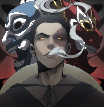 1boy avatar:_the_last_airbender avatar_legends glowing hat highres looking_at_viewer male_focus mask non-web_source pontyk_blya portrait scar smoke solo tengu upper_body zuko