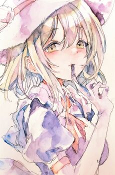 Rule 34 | 1girl, absurdres, blonde hair, blue dress, breasts, commentary, dress, elbow gloves, glove in mouth, gloves, hat, highres, kamu kotan, kana anaberal, long hair, looking at viewer, mouth hold, puffy short sleeves, puffy sleeves, short sleeves, solo, touhou, touhou (pc-98), traditional media, white gloves, white hat, yellow eyes