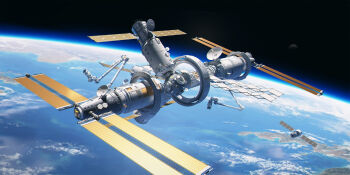 Rule 34 | bilingual commentary, chinese commentary, commentary, commentary request, earth (planet), english commentary, highres, in orbit, mangshuo, mixed-language commentary, moon, no humans, original, photoshop (medium), planet, radar dish, science fiction, solar panel, space, space station, vehicle focus