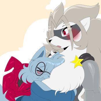 blush digimon digimon_(creature) glasses heavymetalpapi hug looking_at_another mask smile star_(symbol) wolvermon