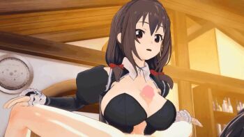 1boy 1girl 3d animated black_shirt breasts brown_hair censored cleavage_cutout clothing_cutout edmond eyelashes handsfree_paizuri hetero indoors koikatsu_(medium) kono_subarashii_sekai_ni_shukufuku_wo! large_breasts long_hair long_sleeves looking_at_another looking_down looping_animation mosaic_censoring open_mouth paizuri penis red_eyes shirt tagme upper_body video yunyun_(konosuba)