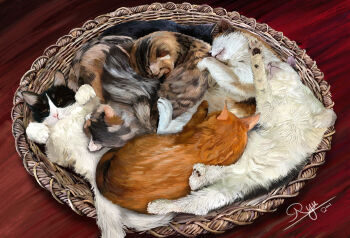 animal animal_focus basket cat commentary_request dated highres no_humans oil_painting_(medium) orange_cat original painting_(medium) ryu_orihara signature sleeping_animal traditional_media white_cat