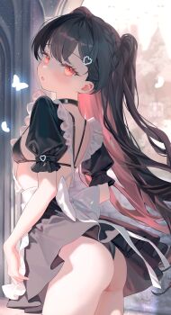 1girl absurdres apron ass back black_bra black_choker black_hair blush bow bra braid breasts bug butterfly choker colored_inner_hair commentary dress dress_bow floating_hair frilled_apron frilled_dress frills from_behind from_side glowing_butterfly hair_intakes hair_ornament head_tilt heart heart_hair_ornament highres insect light_particles long_hair looking_at_viewer looking_back looking_to_the_side moemoepiano multicolored_hair open_mouth original outdoors pink_eyes pink_hair puffy_short_sleeves puffy_sleeves ringed_eyes short_sleeves small_breasts solo standing strap thighs turning_head underwear very_long_hair white_apron