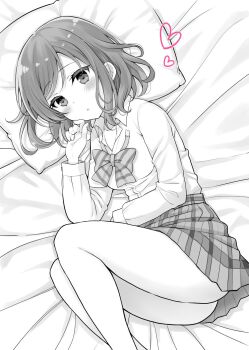 1girl bed_sheet blush bow bowtie collared_shirt female_focus highres long_sleeves looking_at_viewer love_live! love_live!_school_idol_project lying miniskirt nishikino_maki on_side otonokizaka_school_uniform pillow plaid_clothes plaid_skirt sakurai_makoto_(custom_size) school_uniform shirt short_hair skirt solo spot_color striped_bow striped_bowtie striped_clothes striped_neckwear undone_bowtie