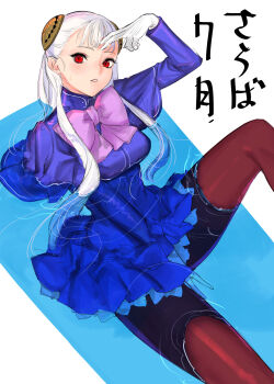 1girl albino brown_pantyhose capcom_fighting_jam commentary_request finger_to_head gloves hairpods highres ingrid_(capcom) jacket long_hair long_sleeves pantyhose partially_submerged pink_ribbon project_x_zone_2 purple_jacket purple_skirt red_eyes ribbon skirt solo tetsu_(kimuchi) translation_request water white_gloves white_hair