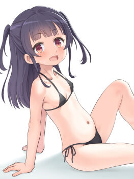 1girl :d arm_support bikini black_bikini black_hair blush breasts collarbone commentary_request commission highres loli long_hair looking_at_viewer meow_(nekodenki) micro_bikini one_side_up open_mouth original pixiv_commission red_eyes side-tie_bikini_bottom simple_background sitting small_breasts smile solo swimsuit