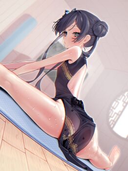 1girl agnamore ass back bare_arms bare_legs bare_shoulders barefoot black_hair blue_archive blurry blush butterfly_hair_ornament china_dress chinese_clothes dragon_print dress exercising from_behind grey_eyes grey_halo hair_between_eyes hair_bun hair_ornament halo highres indoors kisaki_(blue_archive) loli long_hair looking_at_viewer looking_back parted_lips petite print_dress sidelocks sitting sleeveless solo spread_legs stretching sweat thighs very_sweaty wide_spread_legs yoga_mat