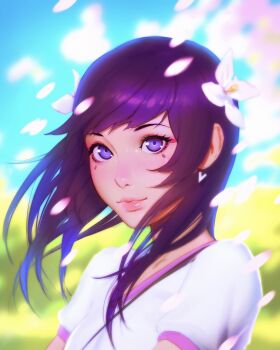1girl black_hair blue_eyes blurry blurry_background close-up day facial_mark female_focus flower hair_flower hair_ornament highres ilya_kuvshinov lips long_hair looking_at_viewer outdoors petals smile solo wins