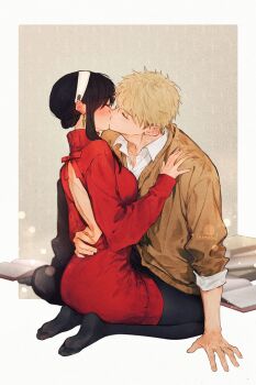 1boy 1girl absurdres arm_support backless_dress backless_outfit black_hair black_pantyhose blonde_hair blush book book_stack brown_sweater closed_eyes collared_shirt dress dress_shirt ear_blush earrings hairband hand_on_another's_back hetero highres husband_and_wife jewelry kiss long_sleeves maiii_(smaii_i) no_shoes pantyhose ring seiza shirt sitting spy_x_family sweater turtleneck turtleneck_dress twilight_(spy_x_family) twitter_username white_hairband white_shirt yor_briar