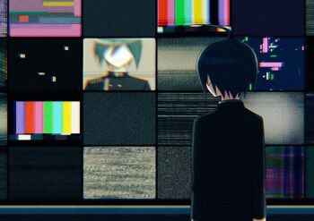 1boy 8takenokonosato8 ahoge black_hair black_jacket commentary_request danganronpa_(series) danganronpa_v3:_killing_harmony from_behind glitch jacket long_sleeves looking_at_screen male_focus multiple_views saihara_shuichi short_hair standing static tagme test_card upper_body