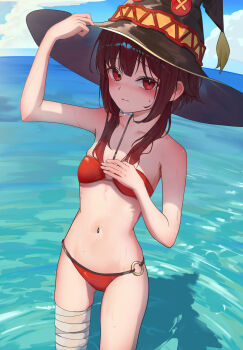 1girl absurdres adjusting_clothes adjusting_headwear arm_up bandaged_leg bandages bare_shoulders bikini black_hat blue_sky blush breasts closed_mouth cloud cowboy_shot cumulonimbus_cloud embarrassed from_above from_side gluteal_fold hair_between_eyes hair_over_shoulder halterneck hand_on_own_hat hands_on_own_chest hat highres horizon kono_subarashii_sekai_ni_shukufuku_wo! loli looking_at_viewer looking_to_the_side megumin midriff narrow_waist navel nose_blush o-ring o-ring_bikini o-ring_bikini_bottom o-ring_top ocean outdoors partially_submerged raised_eyebrows red_bikini ripples shadow shiraiyu short_hair short_hair_with_long_locks shoulder_blush sidelocks skindentation sky small_breasts solo standing swimsuit thigh_gap wading water wet witch_hat