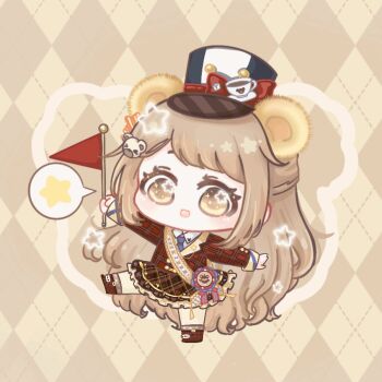 1girl absurdly_long_hair animal_ears animal_print animated animated_gif argyle_background badge bear_ears bear_hair_ornament bear_print black_skirt blazer blinking blue_hat blue_necktie boots bow brown_background brown_boots brown_hair brown_jacket buttons chibi collared_jacket collared_shirt cup dotted_line eyelashes fake_animal_ears flag food-themed_hat_ornament frilled_skirt frills fur-trimmed_boots fur_trim hair_ornament happy hat hat_bow hat_ornament holding holding_flag jacket lapels light_blush lolita_fashion long_hair long_sleeves looking_at_viewer looping_animation lower_teeth_only miniskirt necktie nikki_(series) notched_lapels open_mouth plaid_clothes plaid_footwear plaid_jacket plaid_skirt pleated_skirt print_shirt red_bow sash saucer shako_cap shining_nikki shirt skirt sleeve_cuffs smile solo sparkle speech_bubble spoken_star star_(symbol) star_in_eye sugar_cube symbol_in_eye tareme tea teacup teddy_school_(shining_nikki) teeth two-tone_headwear very_long_hair white_hat white_shirt xiaoyu_qixing yellow_eyes yellow_sash