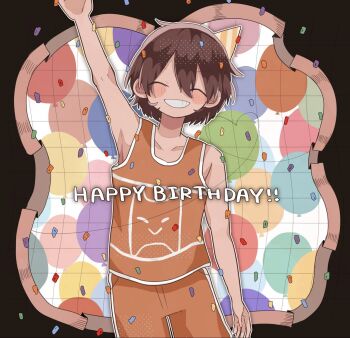 1000_omo 1boy arm_up brown_hair closed_eyes collarbone confetti dark-skinned_male dark_skin double-parted_bangs grin hair_between_eyes happy_birthday highres kel_(faraway)_(omori) kel_(omori) male_focus omori open_mouth orange_shorts short_hair shorts smile solo teeth