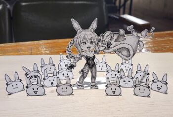 Rule 34 | <o> <o>, 1girl, :3, animal ears, bow, braid, breasts, cleavage, commentary, covered navel, don-chan (usada pekora), english commentary, fur-trimmed gloves, fur trim, gloves, hair bow, highres, hololive, jqhnharqld, leotard, monochrome, pekomon (usada pekora), open mouth, pantyhose, paper child, papercraft (medium), photo (medium), playboy bunny, rabbit ears, rabbit girl, small breasts, smile, strapless, strapless leotard, sunglasses, thick eyebrows, twin braids, unconventional media, undressing, usada pekora, usada pekora (1st costume), virtual youtuber