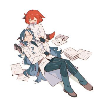 2girls aged_down animal_ears arknights black_gloves black_shoes blue_hair blue_pants closed_eyes coat crownslayer_(arknights) dopperu_ben dress fingerless_gloves frown full_body gloves grin hand_on_another's_head highres hyena_ears hyena_girl hyena_tail knees_up lab_coat lap_pillow long_hair multicolored_hair multiple_girls open_mouth pants paper paper_stack red_hair shoes short_hair simple_background smile snegurochka_(arknights) socks streaked_hair white_background white_coat white_dress white_hair white_socks