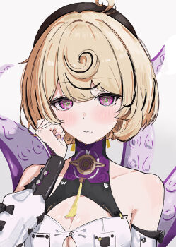 1girl accessories bare_shoulders black_bow black_hat blonde_hair blush bow breasts button_gap cleavage closed_mouth commentary_request detached_sleeves green_pupils hand_on_own_cheek hand_on_own_face hat highres large_breasts looking_at_viewer mole mole_under_mouth monster_girl opuricheri portrait purple_eyes purple_nails ringed_eyes scylla shirt short_hair smile solo suction_cups tentacle_girl tentacle_tail tentacles white_background white_shirt white_sleeves yidhari_murphy zenless_zone_zero