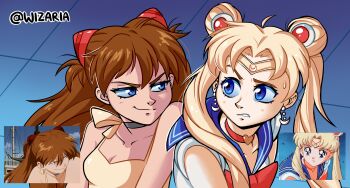 2girls artist_name asuka_redraw_(meme) bishoujo_senshi_sailor_moon blonde_hair blue_eyes blue_sailor_collar choker crescent crescent_earrings crossover dress earrings eye_contact hairpods heart heart_choker highres jewelry looking_at_another magical_girl meme meme_combination multiple_girls neon_genesis_evangelion orange_hair red_choker reference_inset sailor_collar sailor_moon sailor_moon_redraw_challenge_(meme) sailor_senshi sailor_senshi_uniform smug souryuu_asuka_langley twintails wizaria yellow_dress