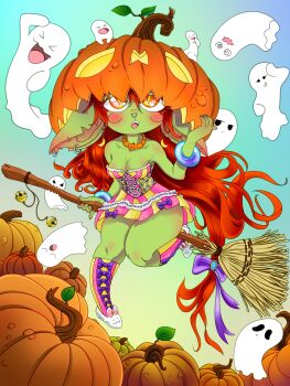 absurdres female_goblin ghost goblin halloween highres non-web_source original pumpkin witch