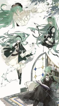 Rule 34 | 1girl, absurdres, animal, arrow (projectile), bandaged hand, bandages, beret, black boots, black bow, black bowtie, black dress, black gloves, black hairband, black hat, book, book stack, bookshelf, boots, bow, bow (weapon), bowtie, braid, brooch, closed eyes, coat, dated, dress, expressionless, floating hair, gloves, green coat, green hair, hair ornament, hairband, hat, head rest, highres, holding, holding bow (weapon), holding weapon, jewelry, long hair, long sleeves, looking at viewer, multicolored eyes, multiple views, off shoulder, open book, original, pillow, profile, reading, rug, shen a fang, sitting, sleeping, two-tone dress, two-tone eyes, very long hair, watermark, weapon, white dress