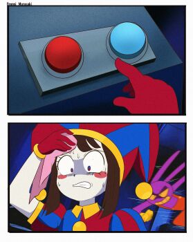 1990s_(style) 1boy 1girl asymmetrical_gloves blue_gloves brenni_murasaki colored_skin gloves hat highres jax_(the_amazing_digital_circus) jester jester_cap meme mismatched_gloves multicolored_eyes pomni_(the_amazing_digital_circus) red_gloves retro_artstyle scene_reference short_hair spoilers striped_clothes striped_headwear the_amazing_digital_circus two-tone_eyes