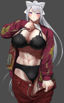 Rule 34 | 1girl, abs, black bra, black panties, blush, bra, breasts, bulge, clothes lift, clothes pull, commentary request, futanari, hair ribbon, highres, higuchi kaede, huge breasts, ike (pixiv87705047), jacket, lace, lace-trimmed bra, lace-trimmed panties, lace trim, lifting own clothes, looking at viewer, muscular, muscular female, nijisanji, obliques, panties, pants, pants pull, ponytail, presenting, purple eyes, red jacket, red pants, ribbon, shirt lift, solo, underwear, white hair