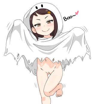 1girl absurdres barefoot becky_blackbell belly blush brown_eyes brown_hair cleft_of_venus closed_mouth brown_hair feet feet_out_of_frame feet_up female_focus food-themed_hair_ornament ghost_costume hair_ornament halloween happy highres loli looking_at_viewer medium_hair navel no_background presenting presenting_pussy pumpkin pumpkin_hair_ornament pussy smile solo spy_x_family standing uncensored yiku1707