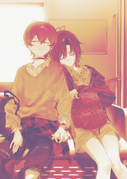 2girls absurdres antenna_hair backpack bag bus_interior choker closed_eyes closed_mouth commentary_request day head_on_another's_shoulder highres holding_hands idolmaster idolmaster_(classic) idolmaster_million_live! interlocked_fingers julia_(idolmaster) kikuchi_makoto long_sleeves multiple_girls pants shirt short_hair shorts side-by-side sitting sleeping torn_clothes torn_pants vickyycy99 yuri