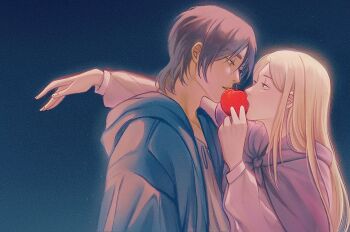 Rule 34 | 1boy, 1girl, apple, arm around shoulder, black jacket, blonde hair, brown capelet, brown hair, capelet, commentary, english commentary, eren yeager, food, fruit, grey shirt, hair between eyes, hetero, highres, holding, holding food, holding fruit, hood, hood down, hooded jacket, iaisotria, jacket, krista lenz, long hair, looking at another, medium hair, parted bangs, parted lips, pink shirt, shingeki no kyojin, shirt