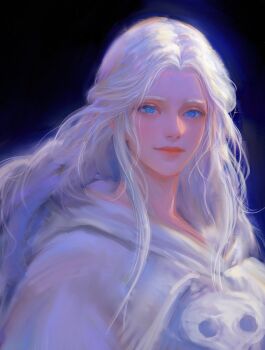 1girl astarionfxxk black_background blue_eyes final_fantasy final_fantasy_xiv highres long_hair looking_at_viewer mask mask_around_neck painterly portrait realistic smile solo unworn_mask venat_(ff14) white_hair