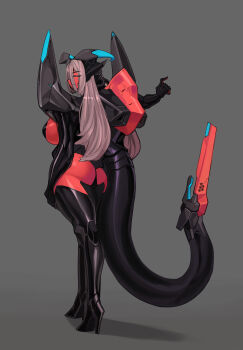 1girl absurdres arm_at_side armor ass black_thighhighs body_modification breasts closed_eyes colored_skin corruption cyborg expressionless eyes_visible_through_hair from_behind grey_background grey_hair high_heels highres horns large_breasts mechanization original outstretched_arm platinum1945 pointing red_skin robot robot_ears shoulder_armor shoulder_spikes spikes tail tail_raised thighhighs