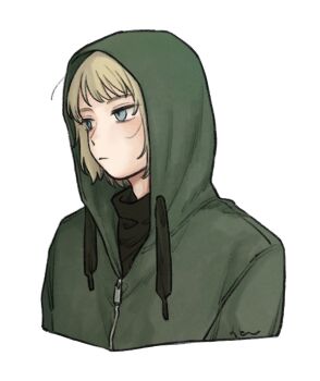 1boy axis_powers_hetalia black_sweater blonde_hair blue_eyes closed_mouth commentary_request empty_eyes green_hoodie half-closed_eyes highres hood hoodie male_focus mi_aph_to short_hair simple_background solo sweater switzerland_(hetalia) turtleneck turtleneck_sweater upper_body white_background zipper