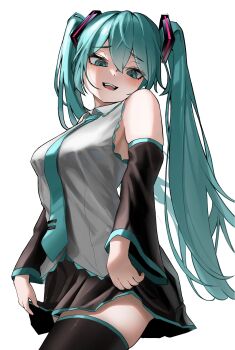 1girl absurdres aqua_eyes aqua_hair aqua_necktie aqua_trim bare_shoulders black_skirt black_sleeves blush breasts collared_shirt commentary_request cowboy_shot crossed_bangs detached_sleeves frilled_shirt frills from_below grey_shirt hair_between_eyes hair_ornament hatsune_miku highres komachihisui large_breasts long_hair long_sleeves looking_at_viewer miniskirt necktie open_mouth pleated_skirt shirt sidelocks simple_background skindentation skirt skirt_hold sleeveless sleeveless_shirt smile solo teeth thighhighs thighs tie_clip tsurime twintails untucked_shirt upper_teeth_only vocaloid white_background wide_sleeves zettai_ryouiki