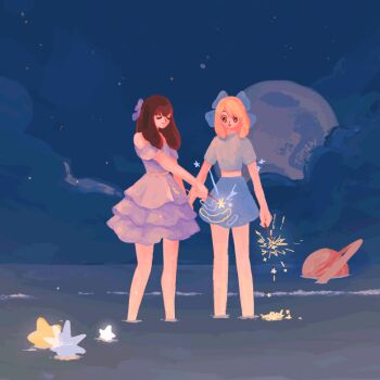 2girls animated animated_gif artist_name bare_shoulders blonde_hair blue_skirt bow brown_hair closed_eyes cloud crop_top fireworks holding holding_fireworks layered_skirt long_hair looping_animation medium_hair moon multiple_girls no_lineart off-shoulder_shirt off_shoulder open_mouth original outdoors planet purple_bow purple_skirt shirt short_sleeves skirt sky sparkler star_(sky) star_(symbol) starry_sky tan2w water waves