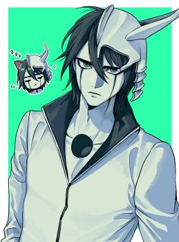 1boy animal_ears black_hair bleach border cat_ears chibi chibi_inset closed_eyes closed_mouth espada eubneung10571 facial_mark green_background green_eyes hair_between_eyes half_mask highres hole_in_chest hole_on_body hollow_hole jacket male_focus mask short_hair sleeping solo ulquiorra_cifer white_border white_jacket zzz