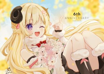 Rule 34 | 1girl, ahoge, animal ears, anniversary, blonde hair, boots, braid, commentary request, dated, detached sleeves, dress, flower, fur-trimmed boots, fur-trimmed dress, fur-trimmed sleeves, fur trim, hair ornament, highres, hololive, horns, long hair, one eye closed, purple eyes, rino cnc, sheep ears, sheep girl, sheep horns, signature, smile, solo, tsunomaki watame, tsunomaki watame (1st costume), very long hair, virtual youtuber