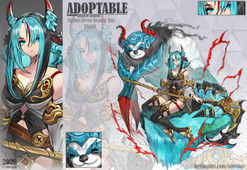 1girl 2020 adoptable allosauc armor artist_name bare_shoulders belt belt_buckle black_hair black_shirt black_skirt black_thighhighs blue_eyes blue_hair blue_horns breasts brown_belt buckle chimera cleavage close-up closed_mouth clothing_cutout collarbone commentary cowboy_shot detached_sleeves deviantart_username dragon dragon_horns english_commentary english_text expressionless eyelashes eyeshadow full_body gold_armor gold_footwear gold_trim gradient_background grey_background grey_eyeshadow high_heels highres holding holding_scythe horns large_breasts leg_cutout lightning long_hair long_sleeves looking_at_viewer makeup microskirt midriff multicolored_hair multicolored_horns multiple_views navel o-ring o-ring_top original pointy_shoes polka_dot polka_dot_background projected_inset red_hair red_horns reference_sheet scythe seven_deadly_sins shirt shoes sidelocks simple_background sitting skirt sleeveless sleeveless_shirt sloth_(animal) stirrup_legwear stomach_cutout streaked_hair studded_belt thighhighs toeless_legwear triangle_background two-tone_hair two-tone_horns white_sleeves wide_sleeves