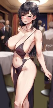 Rule 34 | 1girl, absurdres, areola slip, bare shoulders, black dress, blue eyes, blurry, blurry background, blush, body jewelry, breasts, center opening, cleavage, commentary request, covered erect nipples, cowl neck, curtains, dress, earrings, evening gown, female pubic hair, formal clothes, highres, hoop earrings, indoors, jack dempa, jewelry, large breasts, large variant set, long hair, looking at viewer, miyamae shiho (jack dempa), mole, mole on arm, mole on breast, mole under eye, multiple boys, multiple moles, nipples, o-ring, open mouth, original, parted bangs, plunging neckline, pubic hair, pubic hair peek, revealing clothes, see-through clothes, see-through dress, sleeveless, sleeveless dress, smile, solo focus, standing, suit, table, thighs, variant set