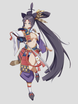 1girl armor asymmetrical_clothes asymmetrical_sleeves black_hair blue_eyes breast_curtains breasts commentary_request detached_sleeves fate/grand_order fate_(series) feather_hair_ornament feathers full_body grey_background hair_ornament hat highres holding holding_sword holding_weapon japanese_armor katana kusazuri long_hair looking_at_viewer medium_breasts mismatched_sleeves navel open_mouth parted_bangs purple_sleeves revealing_clothes shoulder_armor side_ponytail simple_background single_pantsleg sode solo standing standing_on_one_leg sword tassel tate_eboshi ushiwakamaru_(fate) ushiwakamaru_(second_ascension)_(fate) very_long_hair weapon white_sleeves xing_yujun