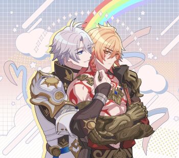 Rule 34 | 2boys, antenna hair, arm tattoo, armlet, armor, black choker, black coat, black shirt, blonde hair, blue eyes, blush, braid, chest tattoo, choker, clawed gauntlets, coat, commentary request, earrings, facial tattoo, gold earrings, gold necklace, gradient hair, highres, honkai: star rail, honkai (series), jewelry, korean commentary, male focus, medium hair, multicolored hair, multiple boys, mydei (honkai: star rail), necklace, open clothes, open coat, parted bangs, pauldrons, phainon (honkai: star rail), red hair, red tattoo, shirt, shokill, short hair, shoulder armor, side braid, single pauldron, tattoo, white coat, white hair, yaoi, yellow eyes