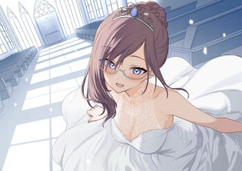 1girl braid breasts bun_with_braided_base church commentary_request dress falling_petals glasses hair_bun halter_dress halterneck highres idolmaster idolmaster_cinderella_girls indoors lace leaning_forward looking_at_viewer medium_breasts open_mouth petals ponpokotanutan1 see-through_cleavage see-through_clothes semi-rimless_eyewear single_hair_bun smile solo tiara wedding_dress white_dress yagami_makino