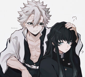 2boys ? aqua_eyes belt black_eyes black_hair black_jacket black_pants buttons closed_mouth demon_slayer_uniform gold_buttons grey_hair hand_on_another&#039;s_head haori high_collar highres jacket japanese_clothes kimetsu_no_yaiba long_hair looking_at_another male_focus multiple_boys pants shinazugawa_sanemi simple_background susimesi_sun tokitou_muichirou twitter_username upper_body white_background white_belt white_haori