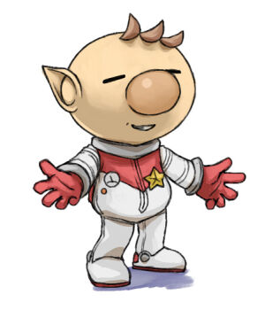 Rule 34 | 1boy, adapted costume, backpack, badge, bag, big nose, brown hair, charlie (pikmin), charlie (pikmin) (cosplay), closed eyes, commentary request, cosplay, full body, gauge, gloves, grin, male focus, naru (wish field), nintendo, no headwear, olimar, outstretched arms, pikmin (series), pointy ears, red bag, red gloves, shadow, short hair, simple background, smile, solo, spacesuit, standing, star (symbol), very short hair, white background