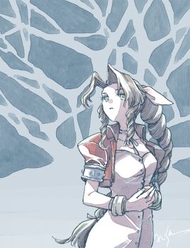 1girl aerith_gainsborough braid braided_ponytail breasts brown_hair buttons choker cropped_jacket dress final_fantasy final_fantasy_vii green_eyes hair_ribbon jacket long_hair medium_breasts michibata_65 own_hands_together parted_bangs parted_lips pink_dress pink_ribbon puffy_short_sleeves puffy_sleeves red_jacket ribbon ribbon_choker short_sleeves sidelocks silver_bangle single_braid solo tree
