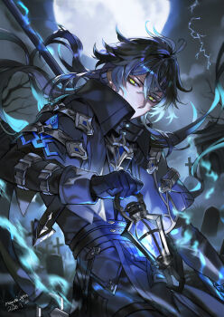 1boy bare_tree black_coat black_gloves black_hair black_sky cloud coat commentary cowboy_shot dated english_commentary flins_(genshin_impact) full_moon genshin_impact gloves grave high_collar highres hizuki24 holding holding_lantern lantern long_hair looking_at_viewer male_focus mausoleum moon night night_sky ponytail serious signature sky solo tombstone tree very_long_hair yellow_eyes