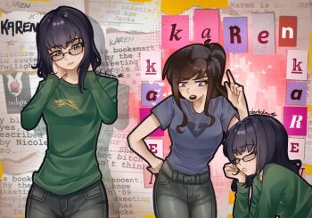 2girls apple black_hair black_pants blue_eyes blue_shirt breasts broken_heart_print class_of_09 closed_mouth cover cover_page derkdrew124 english_text falling_star food from_side fruit glasses green_shirt hand_on_own_head hand_on_own_hip head_rest karen_(class_of_09) large_breasts lips long_hair looking_at_viewer looking_down medium_hair multiple_girls multiple_views nicole_(class_of_09) open_mouth pants paper_background paper_cutout reference_sheet shirt small_breasts text_background twilight_(series) upper_body