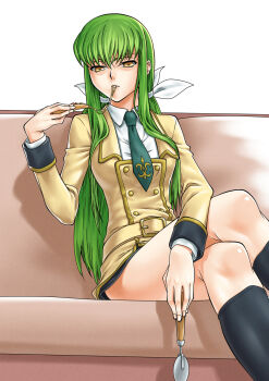 &gt;:( 1girl ashford_academy_school_uniform belt black_socks bleachist buttons c.c. cheese cheese_trail closed_mouth code_geass collared_shirt commentary_request convenient_arm couch crossed_legs double-breasted eating eyebrows_hidden_by_hair feet_out_of_frame food food_in_mouth green_hair hair_between_eyes hair_over_breasts hair_ribbon hand_up highres holding holding_food holding_pizza jacket kneehighs long_hair long_sleeves looking_at_viewer on_couch pizza pizza_slice ribbon school_uniform shirt simple_background sitting socks solo straight_hair v-shaped_eyebrows very_long_hair white_background white_ribbon white_shirt yellow_belt yellow_eyes yellow_jacket