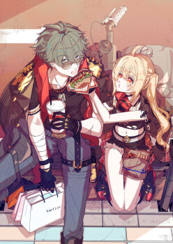 1boy 1girl bag bandaged_arm bandages black_boots black_gloves black_jacket black_shirt black_shorts blonde_hair blue_pants boots burger collarbone comiket_107 commentary_request crop_top dog_tags drink drinking_straw feeding food food_in_mouth french_fries fur-trimmed_shorts fur_trim gloves green_eyes green_hair hair_between_eyes half_gloves holding holding_bag holding_burger holding_drink holding_food jacket jacket_on_shoulders leather leather_jacket lighter_(zenless_zone_zero) long_hair looking_at_another looking_at_viewer looking_over_eyewear luciana_de_montefio mask mask_around_neck micro_shorts motor_vehicle motorcycle nanawo open_mouth outdoors pants red_eyes red_scarf respirator scarf shirt shopping_bag short_hair shorts shoulder_spikes side_ponytail sitting spiked_jacket spikes studded_gloves sunglasses torn_clothes torn_shirt zenless_zone_zero